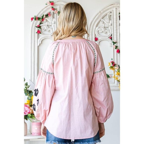 Band Collar Embroidered Puff Sleeve Peasant Blouse - Picture 6 of 11